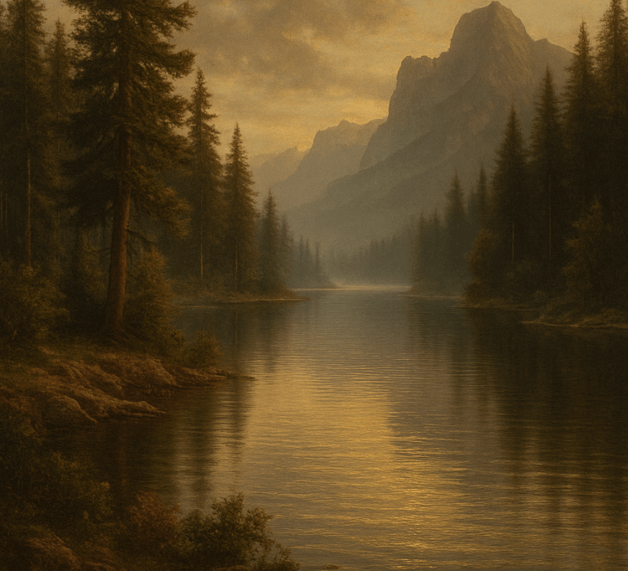 Oil painting of a serene river flowing through a misty evergreen forest with tall mountains in the background at twilight